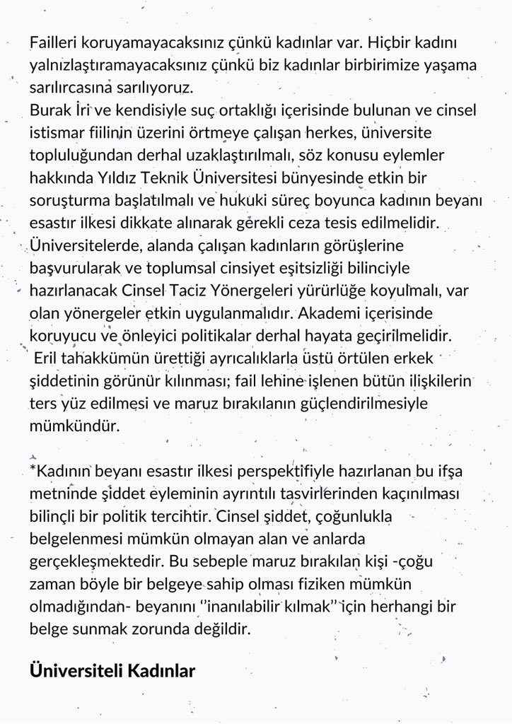 Asla Yalnız Yürümeyeceksin!

Yıldız Teknik Üniversitesi tiyatro kulübünde kadın arkadaşımıza yönelik sistematik cinsel istismarda bulunan #Burakİri'yi ve bu tacize göz yuman, üstünü örten başta tiyatro kulübü ve okul yönetimi olmak üzere sorumlu herkesi ifşa ediyoruz.
