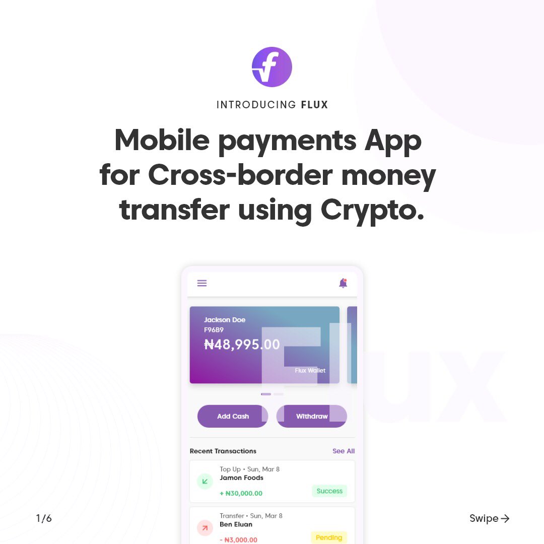 ifluxdotapp's tweet photo. Introducing Flux - Flux is a mobile App for cross border money transfers in Africa using Crypto #Flux https://t.co/QKblfKIygN