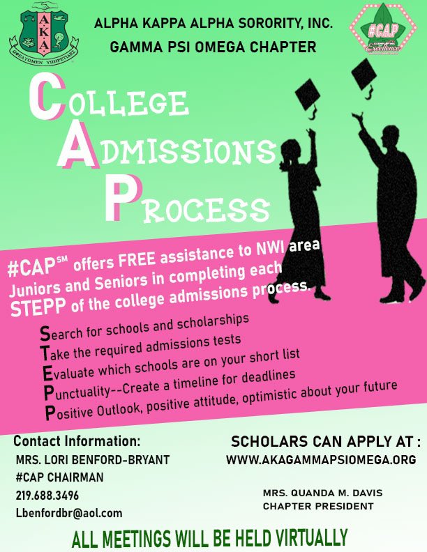 GammaPsiOmega44's tweet photo. NWI High School Juniors and Seniors
needing assistance with the College Admissions Process register for our FREE #CAPSM Program.
Virtual Monthly Sessions begin October 3, 2020
Apply at https://t.co/7gQ9yKDHMg
Applications may be downloaded and emailed to Lbenfordbr@aol.com https://t.co/CQGBy3m1XL