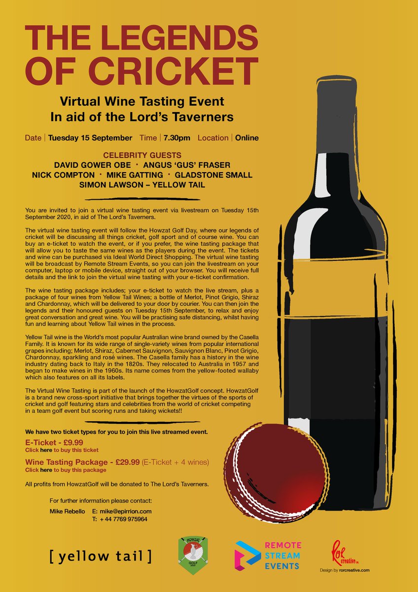 Howzat Golf (@howzatgolf) on Twitter photo In aid of <a href="/LordsTaverners/">Lord's Taverners</a>, Howzat Golf presents "Legends of Cricket Virtual Wine Tasting Event" (15th September, 2020). Use the link below to get your tickets for a night of wine tasting and stories from some of the legends of the sport.
idealworld.tv/gb/promotions/… In aid of <a href="/LordsTaverners/">Lord's Taverners</a>, Howzat Golf presents "Legends of Cricket Virtual Wine Tasting Event" (15th September, 2020). Use the link below to get your tickets for a night of wine tasting and stories from some of the legends of the sport.
idealworld.tv/gb/promotions/…