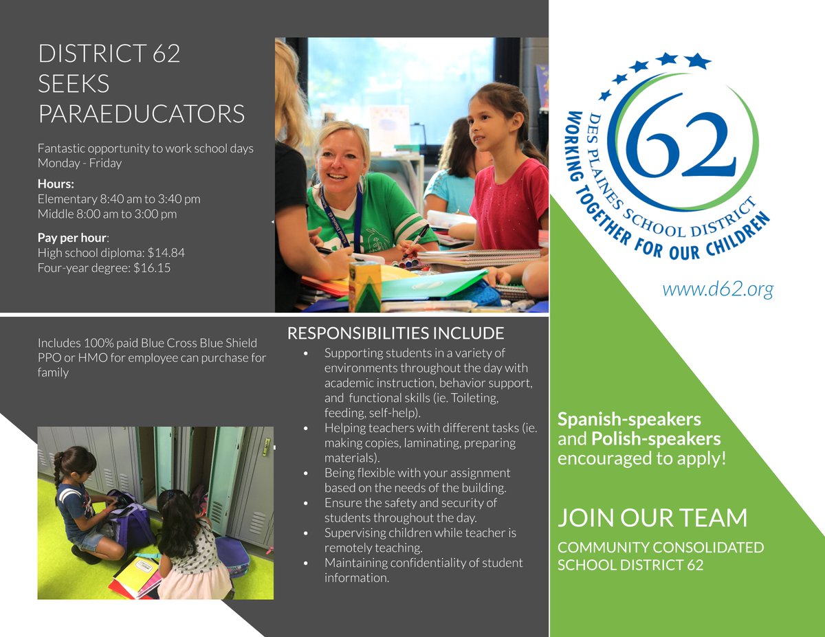 AmadeiMichael's tweet photo. CCSD 62 seeks Paraeducators. Click the link below and come join our 62 Family.  @62schools #62workingtogether

Online Employment Application | Open Positions: https://t.co/IsuScANh23 https://t.co/zRzs7Tx9f8