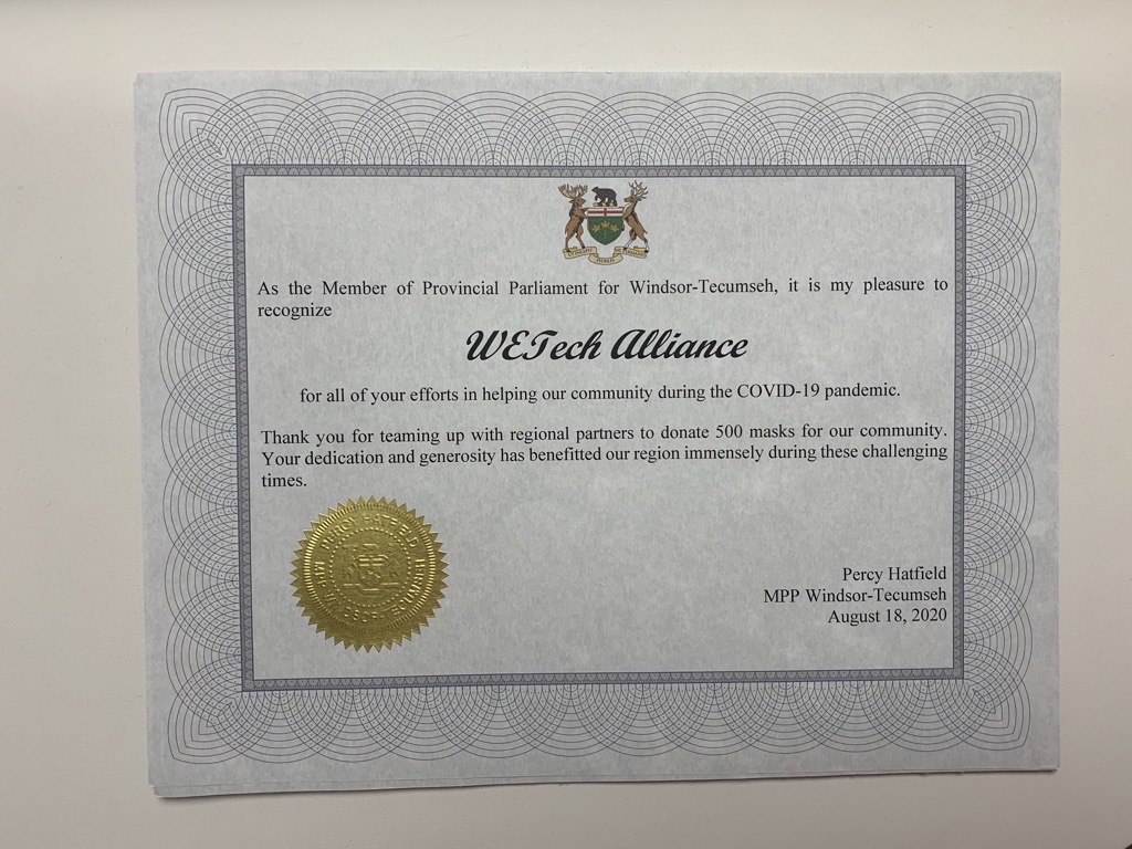 Thanks to MPP @PercyHatfield for the nice recognition - along with our community partners <a href="/UofW_EPICentre/">EPICentre UWindsor</a> <a href="/FIRSTRoboticsWE/">Windsor Essex FIRST</a> <a href="/Kelcom3D/">KELCOM 3D</a> <a href="/Pep_Corp/">Pep Corp.</a> - of the 500 #YQG-made #faceshields donated to local #FrontlineWorkers!

#YQGstandsStrong #Community #COVID19 #COVID #3Dprinting