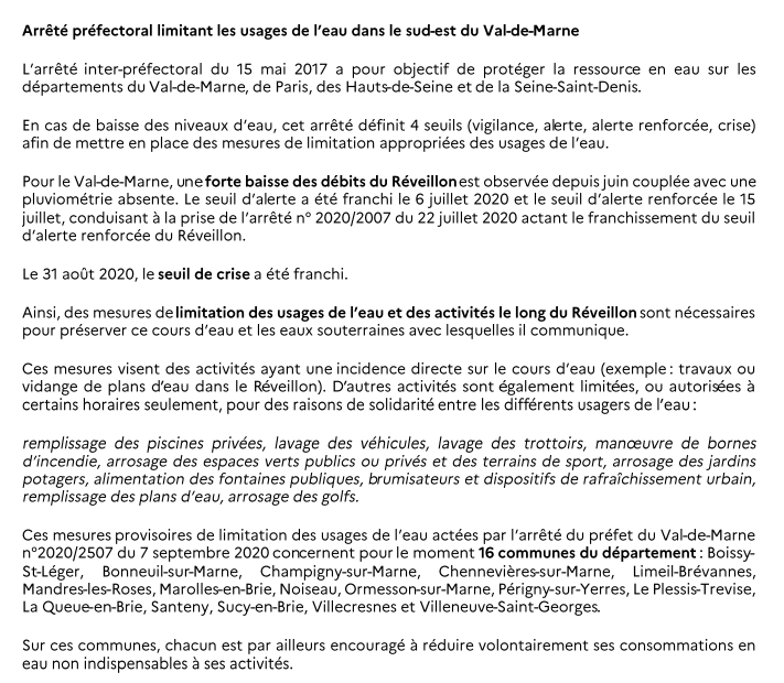 [ #Communiqué ] Arrêté préfectoral limitant les usages de l’eau dans le sud-est du #ValdeMarne. 

➡️val-de-marne.gouv.fr/Actualites/Esp…
