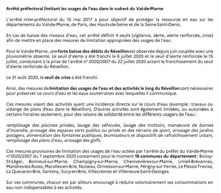 [ #Communiqué ] Arrêté préfectoral limitant les usages de l’eau dans le sud-est du #ValdeMarne. ➡️val-de-marne.gouv.fr/Actualites/Esp…