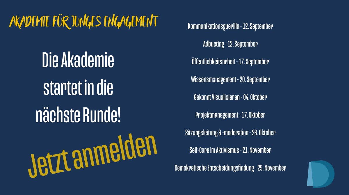 Alle Engagierten aufgepasst! Die Akademie für #jungesengagement startet in die nächste Runde. Auf junges-engagement.de findet ihr die neue Workshops und könnt euch direkt anmelden.