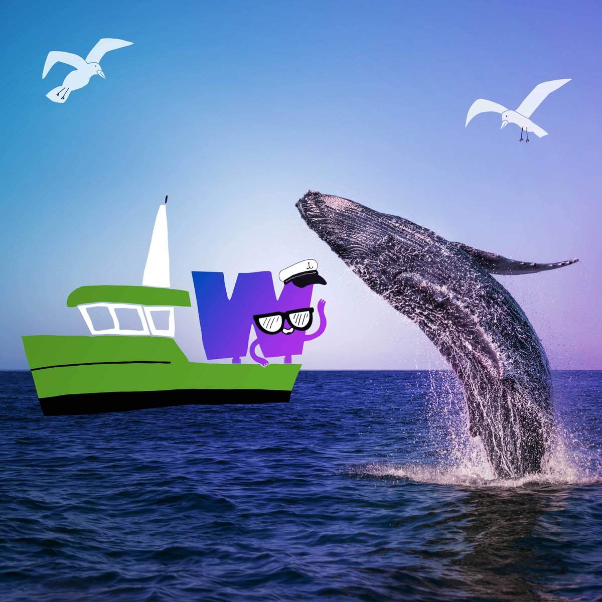 GBH's tweet photo. Anchors aweigh! W's first stop: the coast of Washington for whale-watching. After waiting patiently, W was rewarded with a wave and a wonderful start to their retirement journey. #WhereIsW going next week? Find out next Wednesday! https://t.co/SJp8QEmqIl