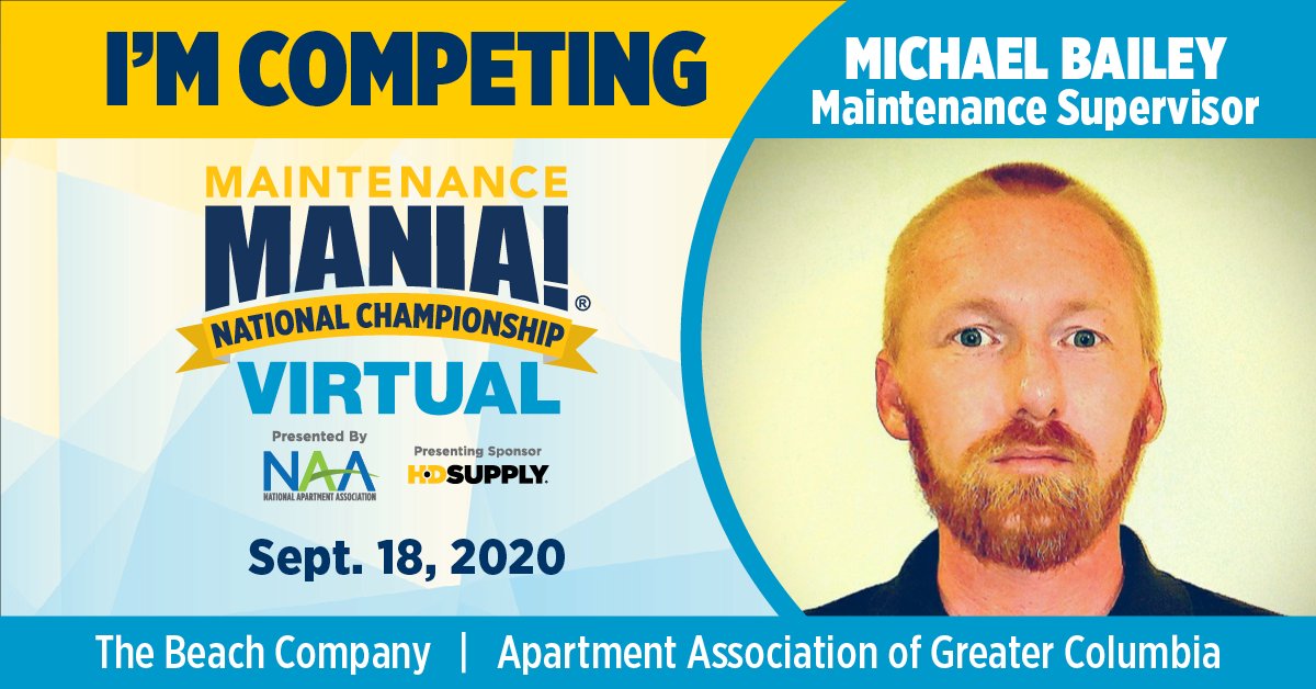 NAAhq's tweet photo. Michael Bailey with The Beach Company is proud to represent Apartment Association of Greater Columbia at #MMNCVirtual! Register to watch Mike compete at https://t.co/d53X8H9Ah4 #GoMikeGo https://t.co/Ov40YR5eEo