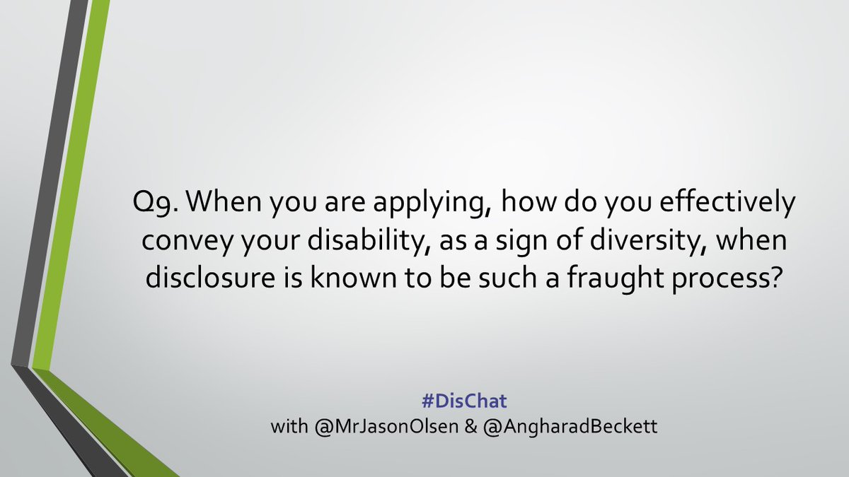 MrJasonOlsen's tweet photo. Q9. When you are applying, how do you effectively convey your disability, as a sign of diversity, when disclosure is known to be such a fraught process?
#DisChat with @AngharadBeckett and @MrJasonOlsen https://t.co/1LxlRQUxRZ
