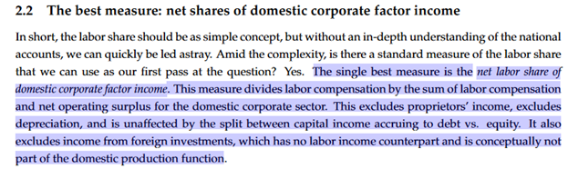 In an overlooked comment here (  http://mattrognlie.com/kn_comment_rognlie.pdf ) Rognlie reviews common biases in measuring labor share and comes up with a preferred measure that addresses them: "the net labor share of domestic corporate factor income"