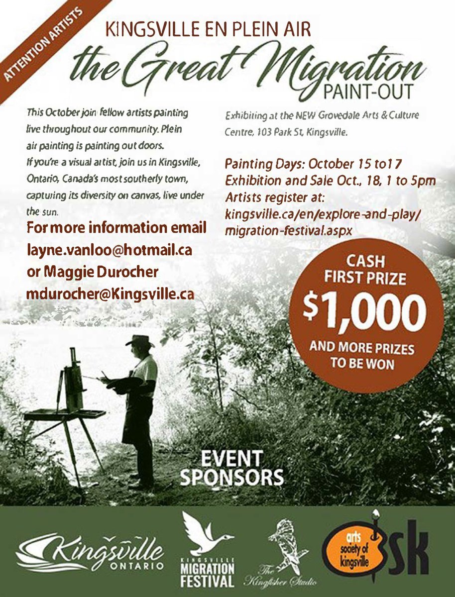 KingsvilleON's tweet photo. The Great Migration Paint out. contact Kingsville Arena at 519-733-2123.   Register on line now  at https://t.co/c6SFJJH1y5 to get the early bird pricing.#kingsvilleEnPleinAire  #migrationfest #laynevanloo https://t.co/koraqP8ov6