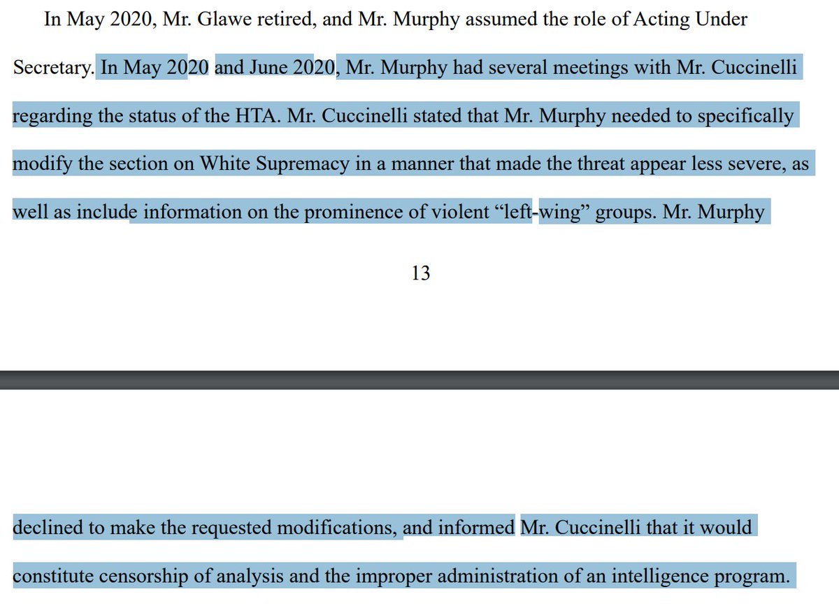 Holy crap. This is from the new DHS whistleblower complaint. He says he was ordered to "modify" a threat assessment, particularly "the section on White Supremacy" to make "the threat appear less severe," and "include information on the prominence of violent 'left-wing' groups."