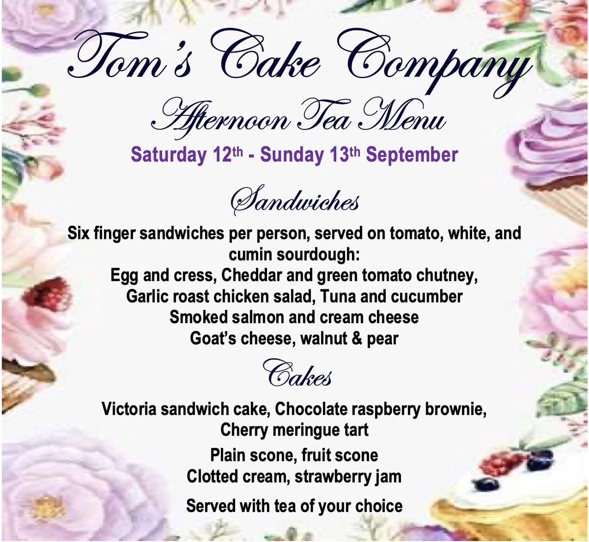 tomscakeco's tweet photo. Here’s our menu for this weekend. We’re still taking orders for Saturday and more availability on Sunday. https://t.co/YQozkLkuSy https://t.co/rQZh705XHT