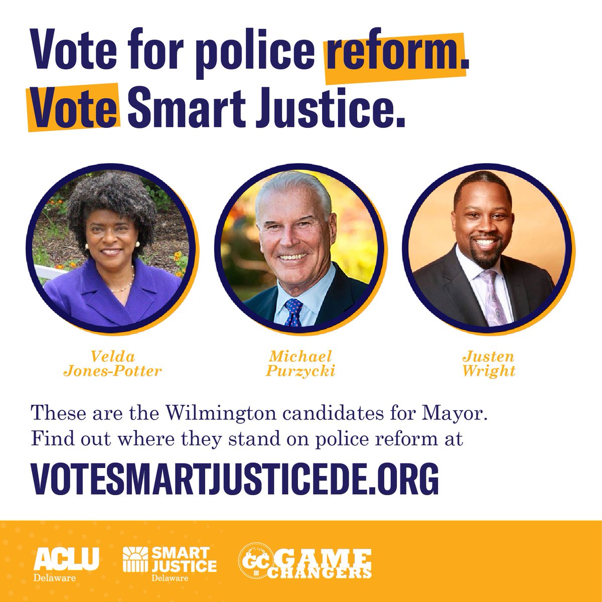 SmartJusticeDE's tweet photo. These are the Wilmington candidates for Mayor. Find out where they stand on police reform at https://t.co/SGtgsU9fQX, then #VoteSmartJustice next Tuesday, September 15.

To find your ballot status or polling location, visit https://t.co/jQUxdED08R. https://t.co/iyr6QH1bUA