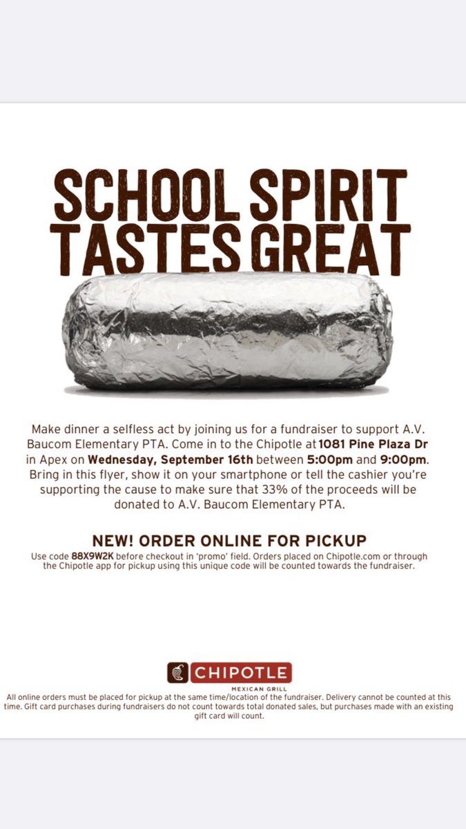 Come on out next Wednesday (9/16) for our first spirit night!!  There is an online code as well so you can order and pick it up and Baucom will still get 1/3 of the profit!!  <a href="/baucomes/">Baucom Elementary School</a> #riseabove