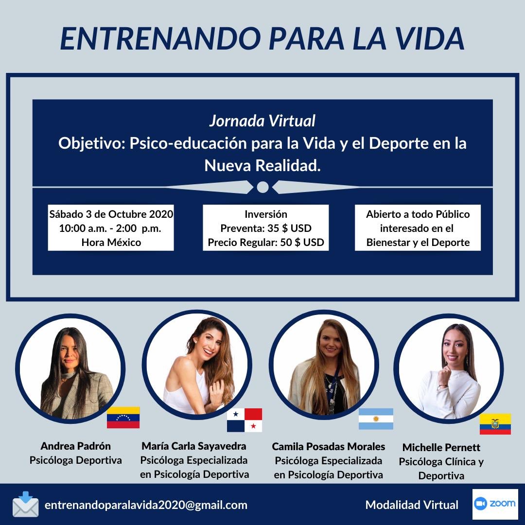 CarolinaPadron's tweet photo. Jornada Virtual: “Entrenando para la Vida” 🙌🏻🧠

Fecha: 3 de Octubre 2020.
Hora: 10am a 2pm 🇲🇽
           12pm a 4pm 🇦🇷
            5pm a 9pm 🇪🇸 

Abierto a todo público interesado en el bienestar y el deporte.

información sobre inversión: entrenandoparalavida2020@gmail.com https://t.co/subt8AqUoR