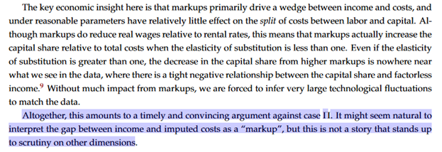 Also see here. We can't infer that the gap between the non-labor share and the imputed capital share is rents... in his words "this is not a story that stands up to scrutiny"