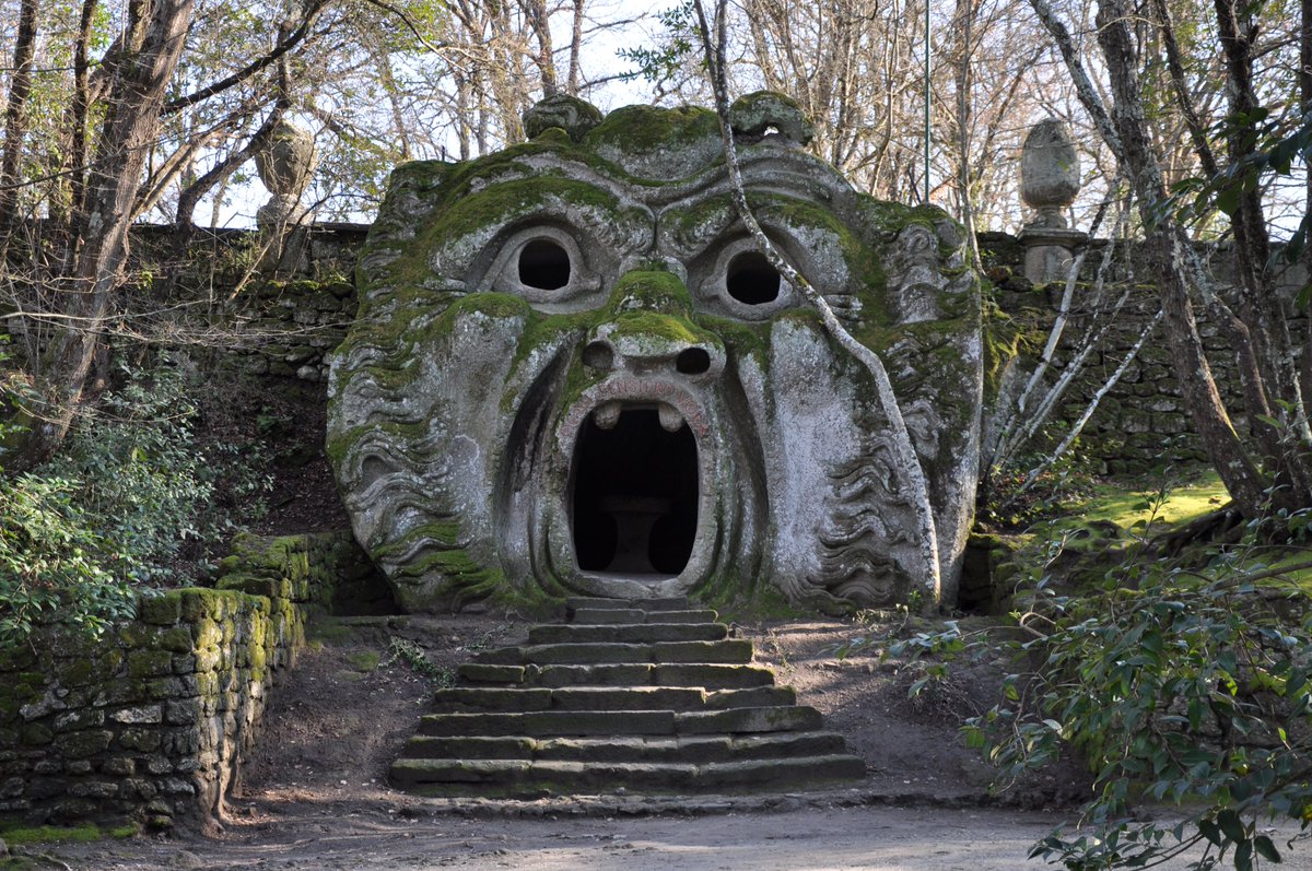 hearthspell's tweet photo. The Gardens of Bomarzo, also know as the Park of Monsters,   was built in Italy in the 16th century. Originally commissioned by Pier Francesco Orsini as a way cope with his grief at the death of his wife. The park was left neglected and overgrown for centuries. https://t.co/GtQyfvAIJ3