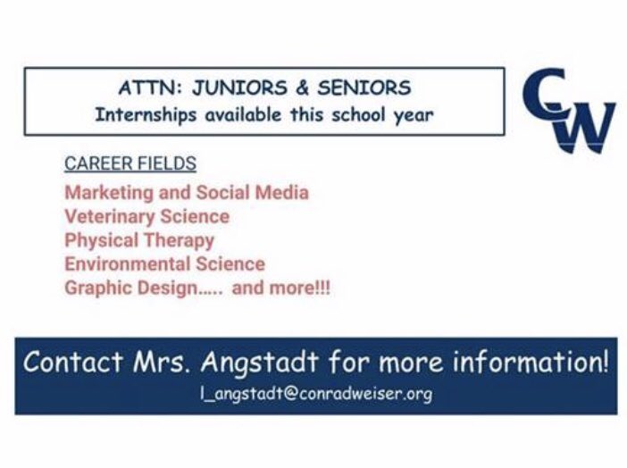 CWInternship's tweet photo. Attention juniors and seniors... See below for excellent internship opportunities still available for the 2020-21 school year! Contact Mrs. Angstadt if interested in a position!! @ConradWeiserHS  @Conradweiserasd #scoutremotelearning #WeAreWeiser https://t.co/Aqr3kpzy65