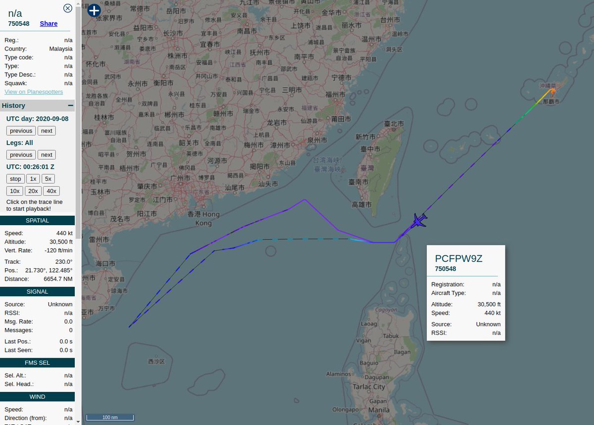  United States Air Force Boeing RC-135W Rivet Joint 62-4134/OF| #AE01CE stopped transmitting its location using ADS-B ~23:43Z, and seems to have resumed transmissions using ICAO hex 750548| #PCFPW9Z ~0025Z on 2020-09-08Z; a spoofed Malaysian-assigned ICAO hex, and bogus callsign.