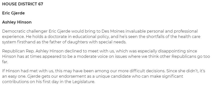 Ashley likes to play Dodgeball. She supported all kinds of extreme bills during her first term, then refused to meet with an editorial board to answer for them. (She did submit a statement that she expected them to publish. How brave!)