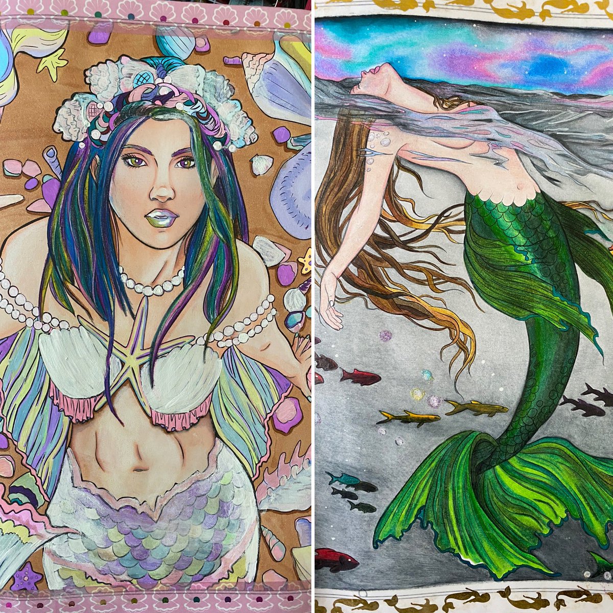 katscolouring's tweet photo. I finished my first colouring book today! @selinafenech’s Mythic Mermaids 🥰 video here: https://t.co/OPQPiJGO8V or here https://t.co/hQFuNLTrAE https://t.co/PygltGX8DZ