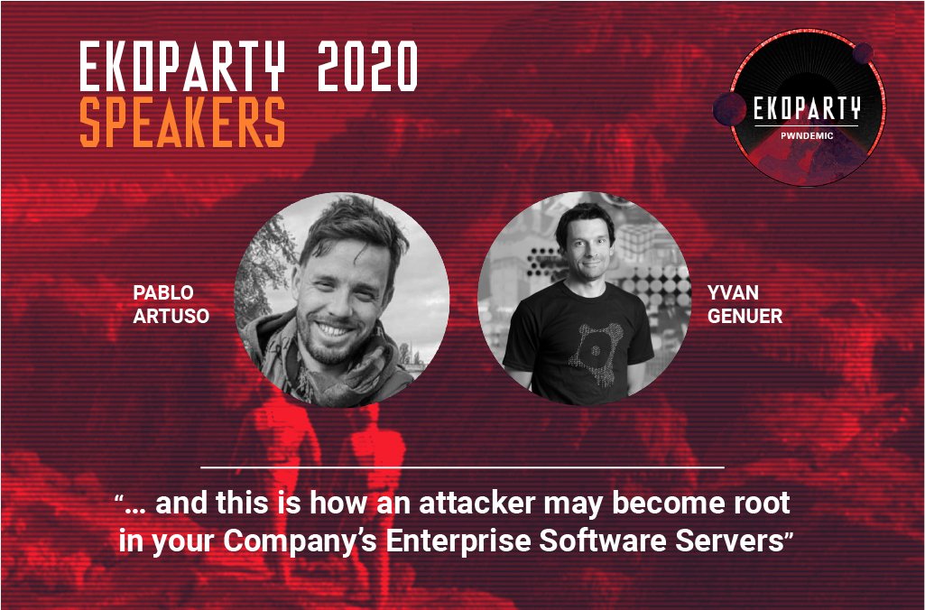 "… and this is how an attacker may become root in your Company’s Enterprise Software Servers!" <a href="/lmkalg/">Pablo Artuso 🗿🇦🇷</a> &amp; <a href="/_1ggy/">Yvan 'iggy' G.</a> from <a href="/onapsis/">Onapsis</a> walk us through an adventure full of binary and #java analysis and privilege escalations.

Full Lineup 👉 ekoparty.org/speakers
#pwndemic #eko2020