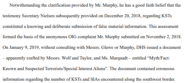 Despite the fact that Murphy told Nielsen and other Dept. Heads that there was no evidence for terrorists coming over the southern border, Nielsen testified that it was true to Congress and DHS produced a false report to support it.