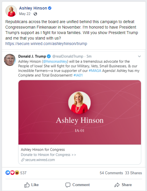 Speaking of dodges, it's funny how she fully accepts Trump's endorsement but doesn't want the baggage that comes with his racism, bigotry, or mania. She complains about chaos and dysfunction in DC but won't admit Trump is the biggest source.  https://iowastartingline.com/2020/05/22/ia-01-hinson-wavers-on-trump-ties-creating-her-own-brand/