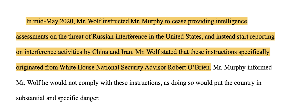 May 2020: The *illegally* acting head of DHS Chad Wolf gave INSTRUCTIONS FROM APNSA ROBERT O'BRIEN TO CEASE PROVIDING INTELLIGENCE ASSESSMENTS ABOUT RUSSIAN ATTACKSWhy, you ask?