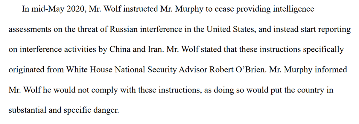 Remarkable. Whistleblower directly implicates DHS chief Chad Wolf & National Security Adviser Robert O'Brien in an effort to hype China and Iran as threats to the election, to false-equivalence away Russia's electoral sabotage.Whistleblower said this would endanger the country: