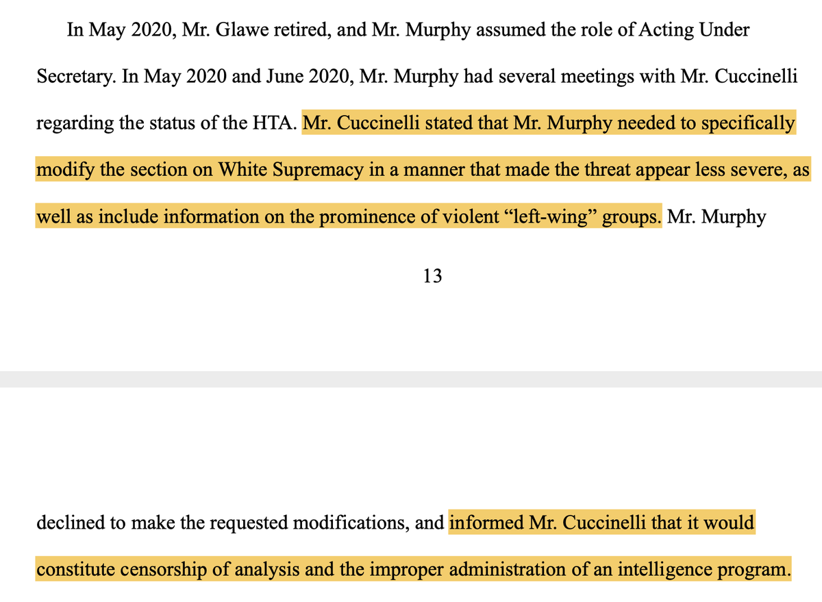 Also, it appears that Wolf and Cuccinelli instructed DHS intelligence to go along with Barr and Trump's plans to use Federal agents to create violent confrontations on American soil. Mr. Murphy, a patriot, filed the appropriate complaints. 