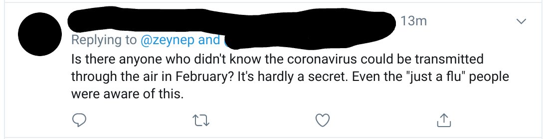 A good number of people in my mentions making similar claims... That airborne transmission was obvious as early as February! Along with people saying "everyone" knew of severity of the situation. It's *September* 2020, and the CDC *still* doesn't have guidelines for ventilation.