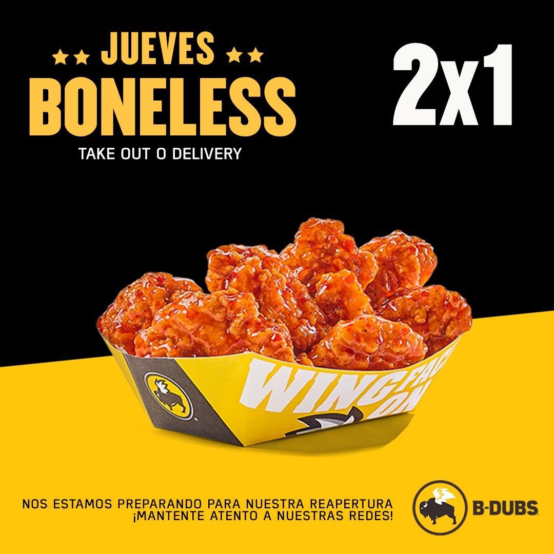 Jueves de Boneless en B-DUBS!⁣
⁣
2x1 en las órdenes de boneless: Small, Medium y Large!⁣⁣⁣⁣⁣
⁣⁣
Ordena para retirar en el restaurante al 387-0202.⁣⁣⁣⁣⁣⁣⁣⁣⁣⁣⁣
⁣⁣⁣⁣⁣⁣⁣⁣⁣⁣⁣⁣⁣
Pide la promo 2x1 por ASAP, ComistePTY y Appetito24 directamente en la app