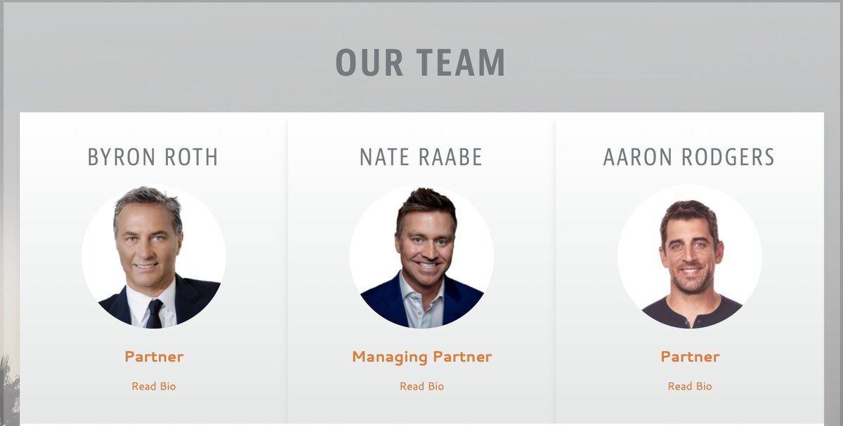 3) In 2019, Aaron Rodgers teamed up with Byron Roth & Nate Raabe, of Roth Capital Partners, to launch Rx3 Ventures.Rx3 is a consumer-focused venture capital fund specifically designed to provide institutional resources to celebrity investors within sports & entertainment.