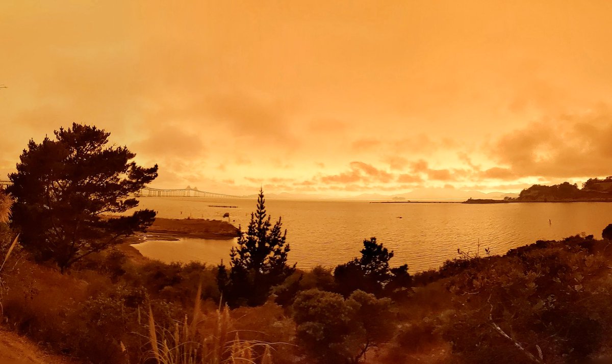 Blue_Frontier's tweet photo. Dark orange apocalyptic "daylight" sky over SF Bay from the climate driven wildfire smoke 📷 @MerakiSimon 

#climatechange #californiafire #calpocalypse #climateaction #ClimateEmergency #pointmolate https://t.co/fIiiKiFLdy