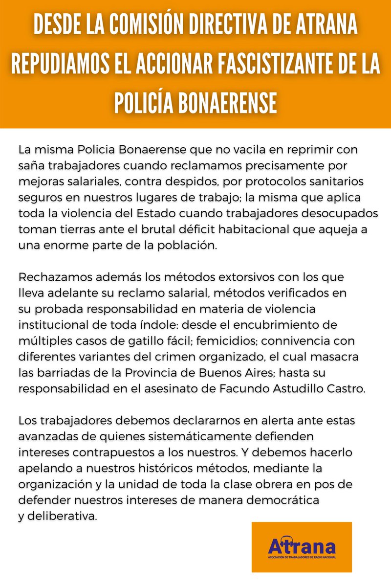 Atrana_RNA's tweet photo. 🟠 DESDE LA COMISIÓN DIRECTIVA DE ATRANA REPUDIAMOS EL ACCIONAR FASCISTIZANTE DE LA POLICÍA BONAERENSE https://t.co/inhI15OjHB