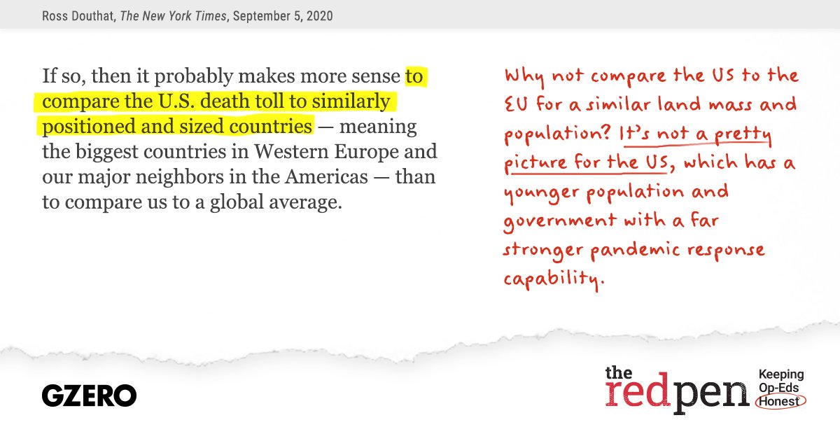 . @eurasiagroup’s  @scottrosenstein and I grabbed  #TheRedPen to explain why the US response to coronavirus has, in fact, been a failure.1/5 On comparing the US and EU death tolls: