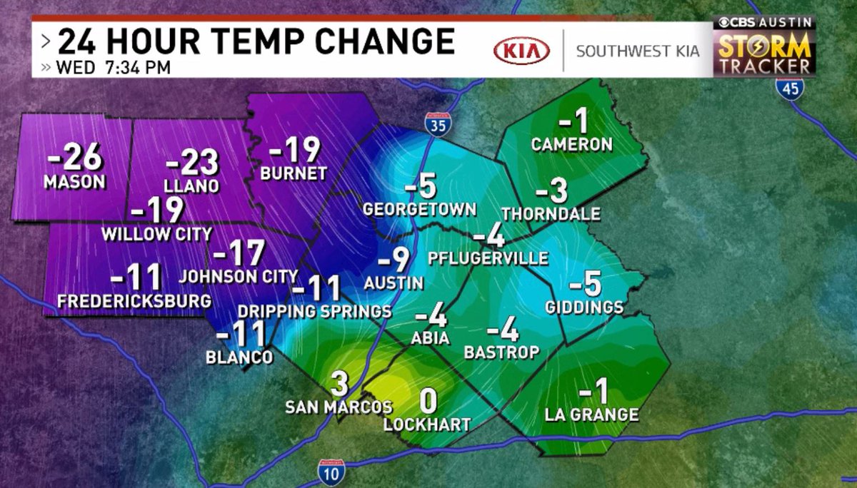 ChikageWeather's tweet photo. 7:34pm - Nothing to see here ... just a cold front that has temps running as much as 26 degrees colder now than this time yesterday. #SeasonSwitch #atx #atxwx #cbsaustinwx https://t.co/UVhwPkN38F