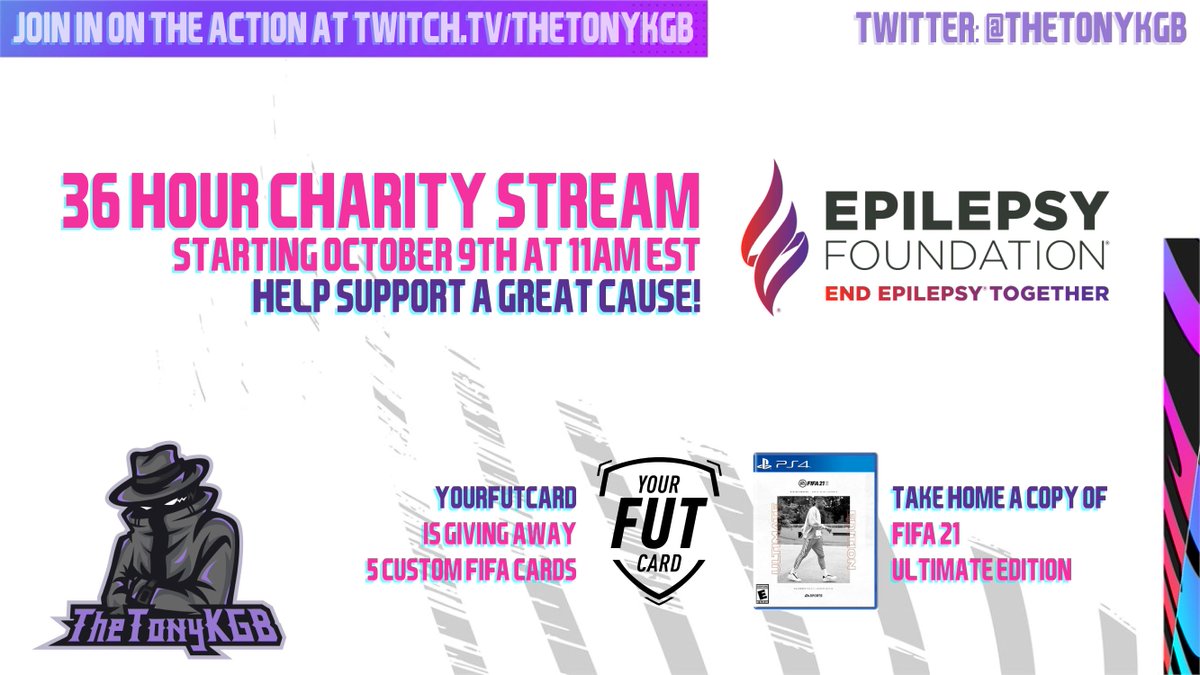 TheTonyKGB's tweet image. As announced on stream................

October 9th 11am with the hype of FIFA 21 we will be having a 36 hour charity stream for @EpilepsyFdn! 

Super excited for this as it will be one of the first charity streams for the Foundation if not the first!