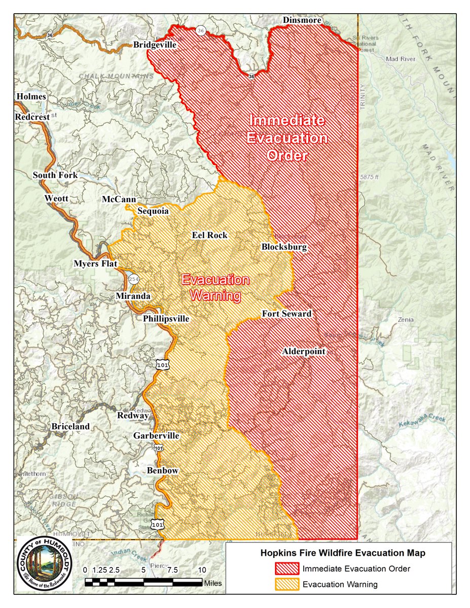HumCoOES's tweet photo. EXPANDED EVACUATION WARNING AREA. The Hopkins Fire Evacuation Warning area for HumCo has expanded to include all areas west of Bell Springs Road to Highway 101 spanning from Elk Creek Road / Dyerville Loop Road to the Mendocino / Trinity County Line.  
See https://t.co/q8iyG6l5Ml https://t.co/PdtR6e3gbj