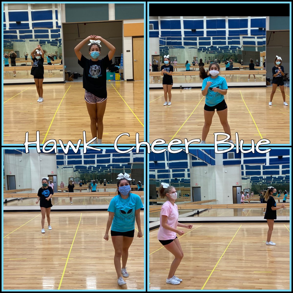 HarlanCheer's tweet photo. March 7th was the last time a cheerleader stepped foot into this studio! Hawk Cheer Blue opened up the week for our first official practice! We are excited to be here! #BackTogetherBetter #HawkCheerBlue #SixFeetApart #ButCloseAtHeart https://t.co/lVqO4WgD8u