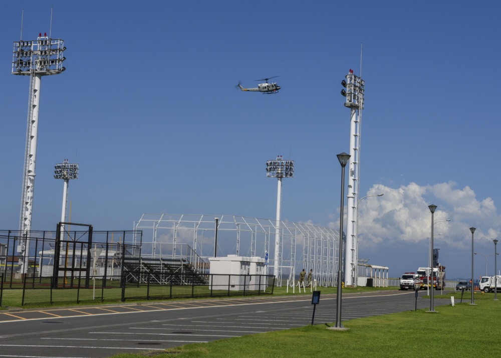 INDOPACOM's tweet image. A UH-1N Iroquois assigned to the @PACAF 459th Airlift Squadron conducts a site survey for an alternate landing zone onboard @CFAY_Japan  #HeloOps #FreeandOpenIndoPacific.