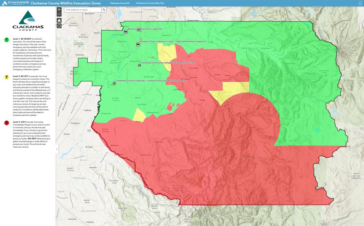  #alert ADDITIONAL UPDATE: LEVEL 3 evacuations have expanded in Estacada area along Hwy. 224, through Eagle Creek to Barton.See fire-evacuation map for additional details. Put in your address to confirm: https://ccgis-mapservice.maps.arcgis.com/apps/webappviewer/index.html?id=fe0525732f1a4f679b75a5ccf1c84b30 @MtHoodNF  @clackamasfire  #ClackamasWildfires