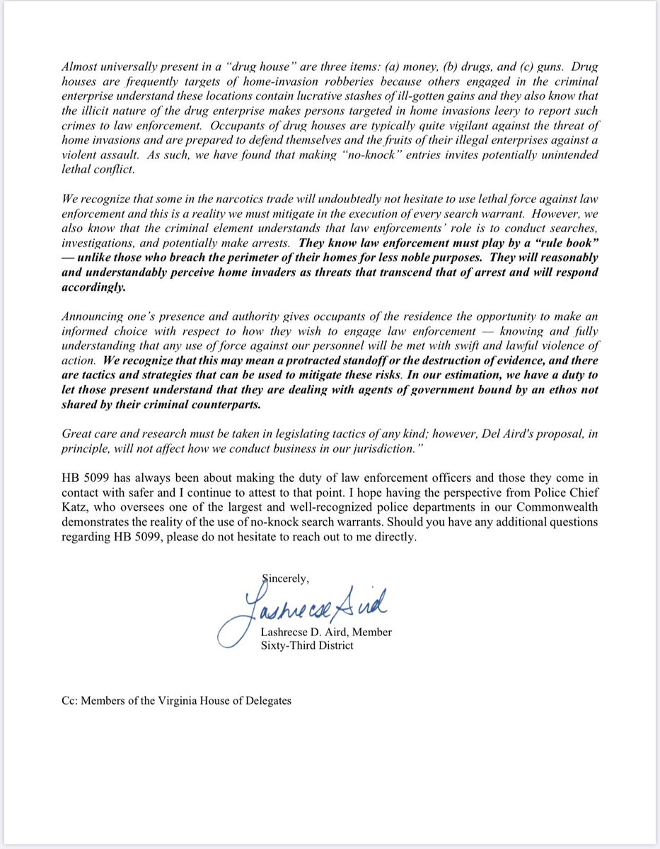 Yesterday during the #VaLeg session a member asserted I misled the body in sharing a police chief’s support on a ban on no-knock warrants. B/C it was done publicly, I believe my response needs to be shared publicly. My response/ letter is below. Oh and, #JusticeforBreonnaTalyor