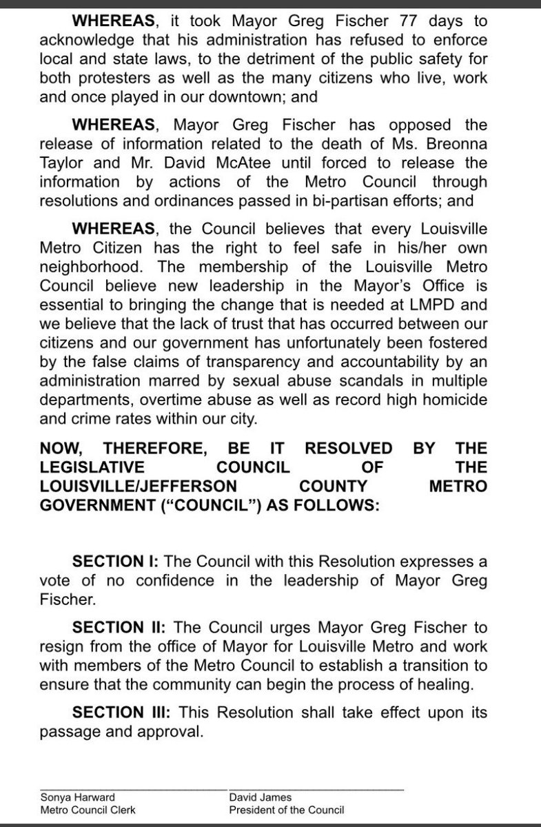 With a 3-3 vote the Resolution (R-110-2020) seeking a vote of no-confidence in Mayor Fischer will move to next week’s Metro Council Meeting.