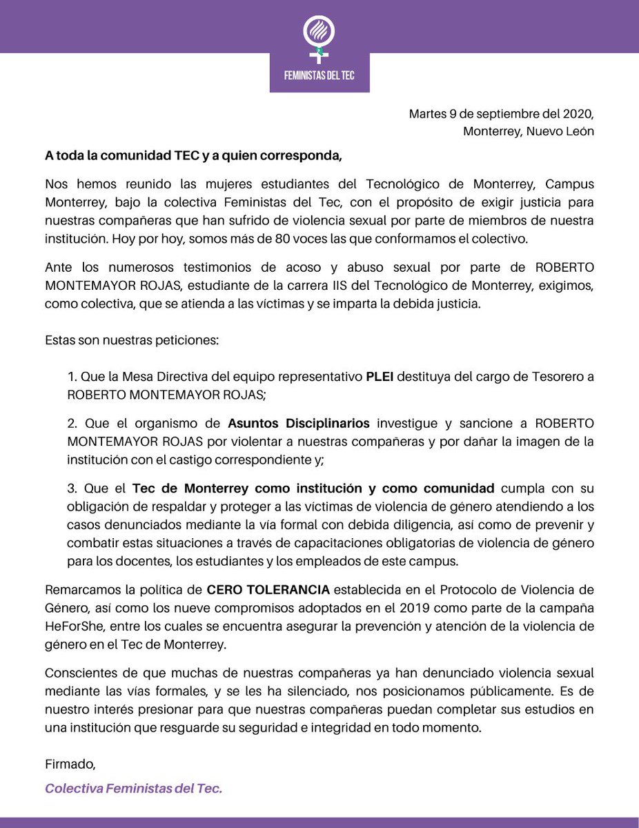 eugepozas's tweet photo. comunicado de la colectiva FEMINISTAS DEL TEC en cuanto a los testimonios que han compartido varias de nuestras compañeras de acoso y abuso por parte de un alumno de nuestra institución. exigimos que se investigue, se sancione y se imparta justicia. @TecdeMonterrey https://t.co/bzfNpJcznA
