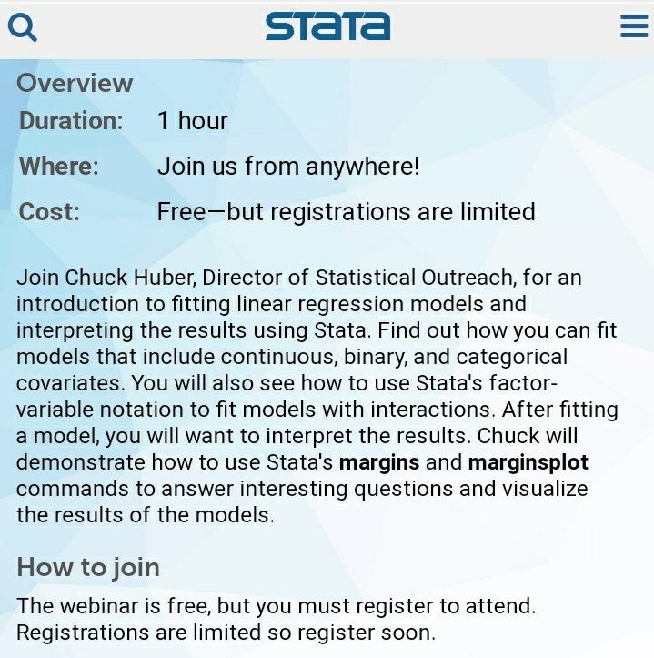 Stata_TR's tweet image. #Stata Doğrusal modellerde #margins ve #marginsplot komutlarının kullanımı hakkında ücretsiz seminer. Kayıtlar için➡️stata.com/training/webin…