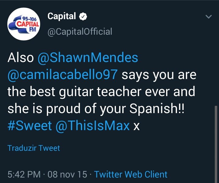 em novembro:Capital: Também Shawn, Camila disse que você é o melhor professor de violão de todos e que ela está orgulhosa do seu espanhol  #doceS: Haha, ela é uma boa aprendiz! Eu sou péssimo em espanhol, HAHA