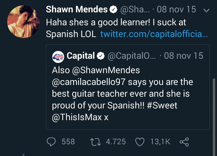 em novembro:Capital: Também Shawn, Camila disse que você é o melhor professor de violão de todos e que ela está orgulhosa do seu espanhol  #doceS: Haha, ela é uma boa aprendiz! Eu sou péssimo em espanhol, HAHA