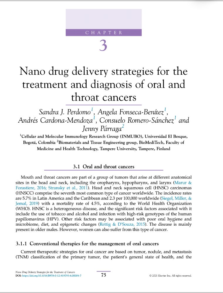 Genetica8Bosque's tweet photo. Capitulo: "Nano drug delivery strategies for the treatment and diagnosis of oral and throat cancer".  Producto reciente de  @Inmuno_UB @UElBosque @Genetica8Bosque #canceroral #oralcancer #odontologia #dentistry https://t.co/7gq3VxotVF